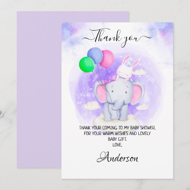 Girl's Elephant, Rabbit With Balloons Baby Shower Thank You Card (Front/Back)
