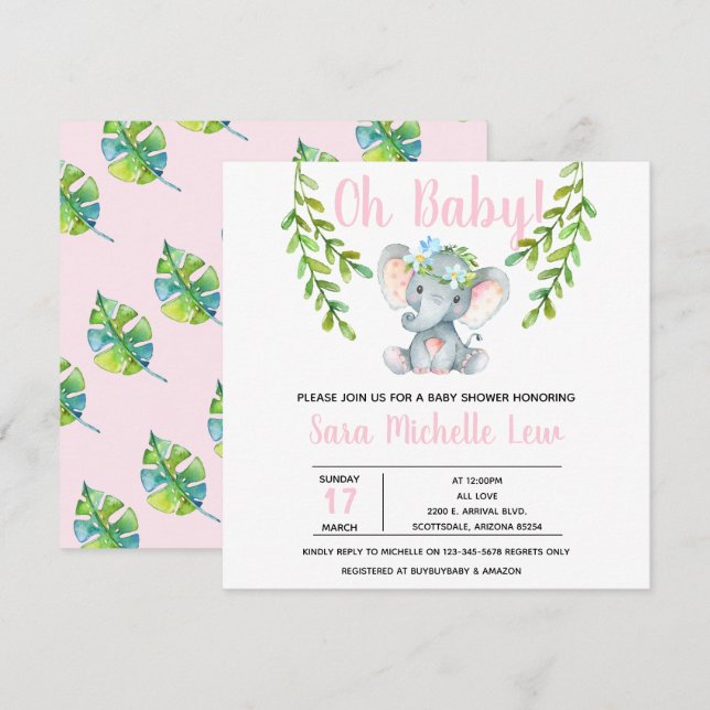 Girl's Elephant Watercolor Baby Shower Invitation (Front/Back)