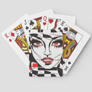 Girl's Face Pattern White, Black and Red Leggings Playing Cards