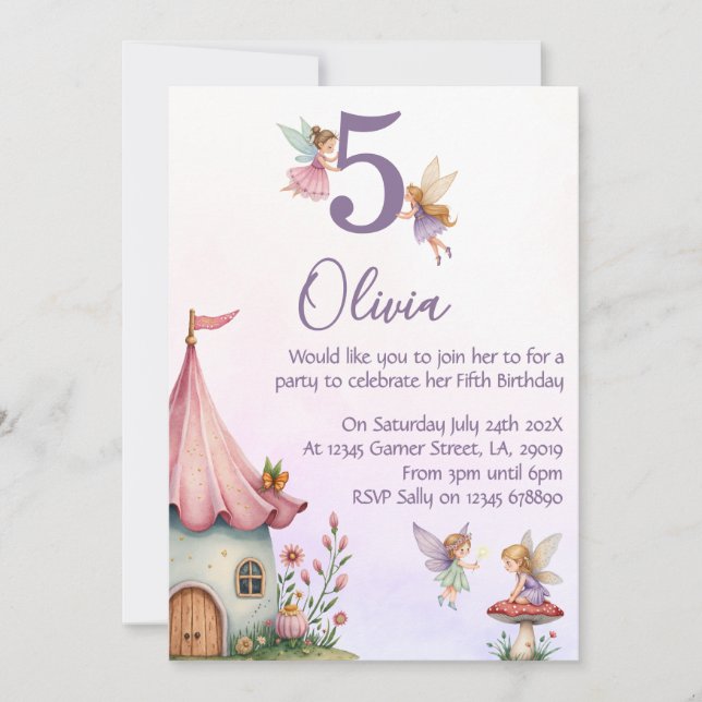 Girls Fairy 5th Birthday Party Invitation (Front)