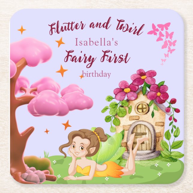 Girls Fairy First Fairytale Mushroom Butterfly  Square Paper Coaster (Front)