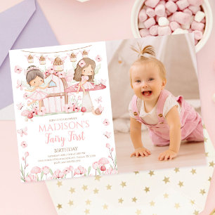 Girls Fairy Magical Garden Photo First Birthday Invitation