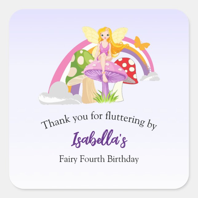 Girls Fairy Mushroom Rainbow Birthday  Square Sticker (Front)