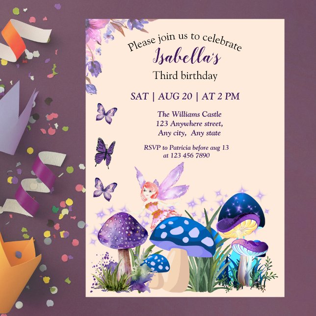 Girls Fairy Purple Mushroom Butterfly Birthday Invitation (Creator Uploaded)