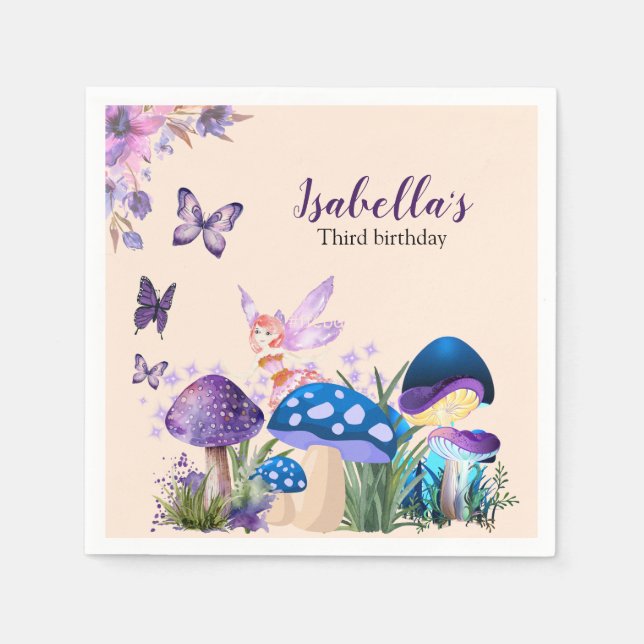 Girls Fairy Purple Mushroom Butterfly Birthday Napkin (Front)