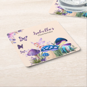 Girls Fairy Purple Mushroom Butterfly Birthday Square Paper Coaster