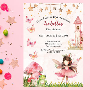 Girls Fairy Tale Castle Frog Mushroom Birthday Invitation