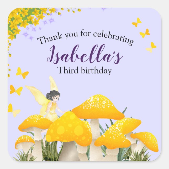 Girls Fairy Yellow Mushroom Butterfly Birthday Square Sticker (Front)
