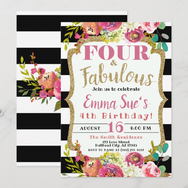 Girl's Fall Floral Four & Fabulous 4th Birthday Invitation (Front/Back)