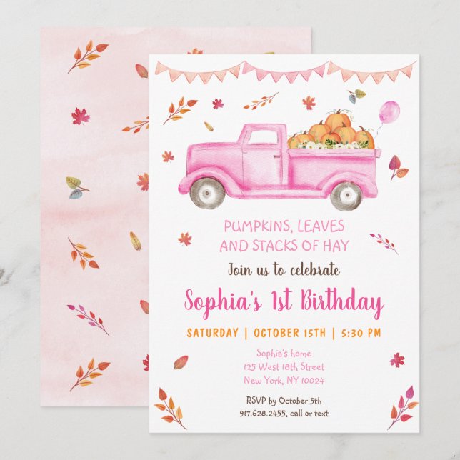 Girls Fall Pumpkin Truck Birthday Invitation (Front/Back)