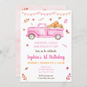 Girls Fall Pumpkin Truck Birthday Invitation