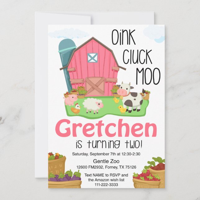 Girls farm animal 2nd birthday invitation (Front)
