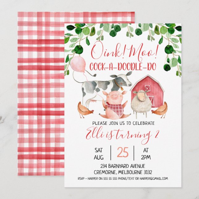Girls Farm Animals And Balloon Birthday Invitation (Front/Back)
