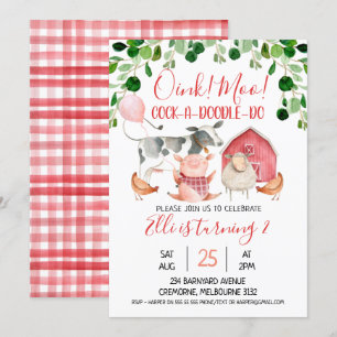 Girls Farm Animals And Balloon Birthday Invitation