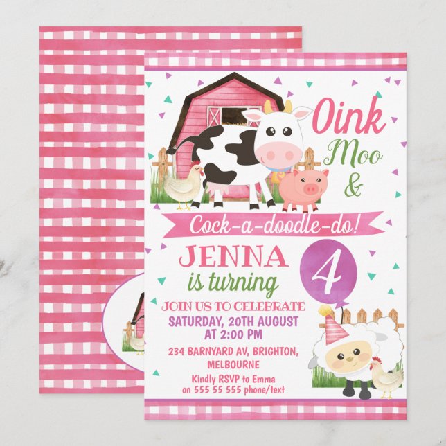 Girls Farm Animals Birthday Invitations (Front/Back)