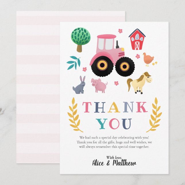 Girls Farm Animals Pink Rustic Tractor Baby Shower Thank You Card (Front/Back)