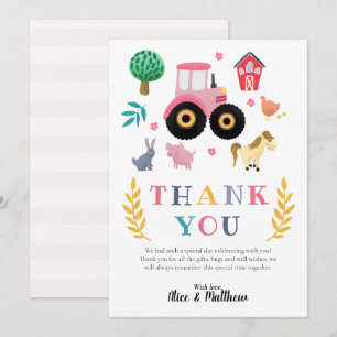 Girls Farm Animals Pink Rustic Tractor Baby Shower Thank You Card