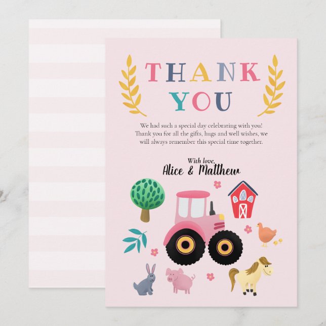 Girls Farm Animals Pink Tractor Kids Birthday Thank You Card (Front/Back)
