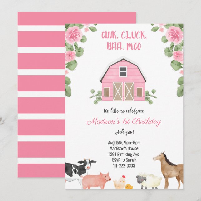 Girls Farm Pink Barnyard Birthday Party Invitation (Front/Back)