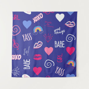 girls fashion seamless pattern with slogan. Hand d Tapestry