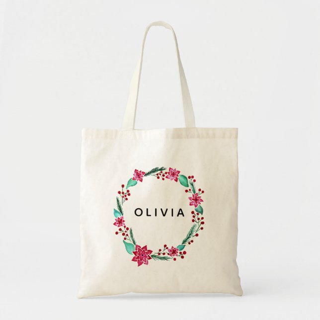 Girls Festive Christmas Flower Wreath & Name Tote Bag (Front)