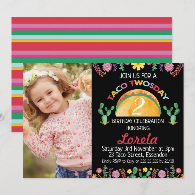 Girls Fiesta Taco Twosday Birthday Invitation (Front/Back)