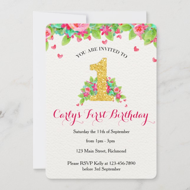 Girls First Birthday Invitation - Pink & Gold (Front)