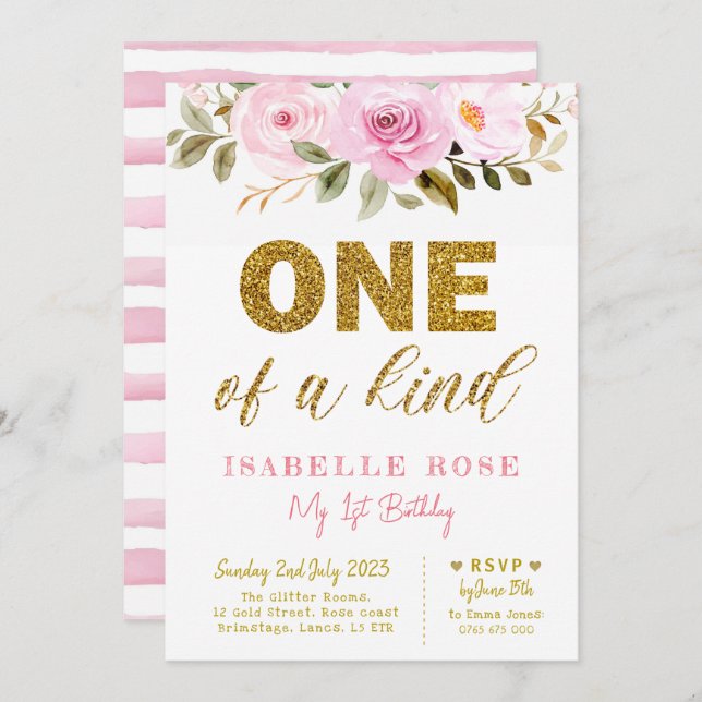 Girls first birthday invite, Glitter one, onderful Invitation (Front/Back)