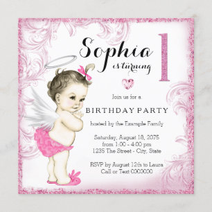 Girls First Birthday Party Pink Angel Invitation