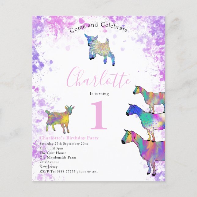 Girls First Birthday Party Watercolor Goats Budget Flyer (Front)