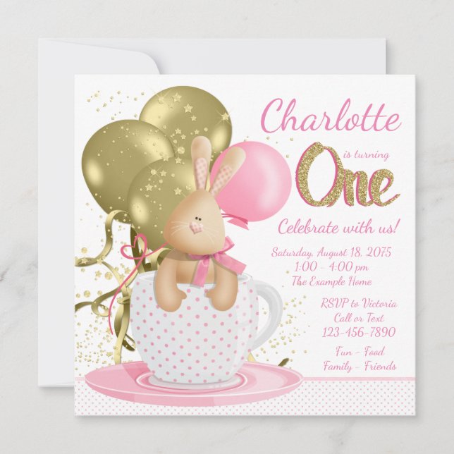 Girls First Birthday Party Whimsical Pink Gold Invitation (Front)