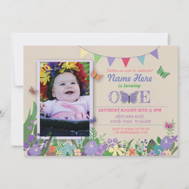 Girl's First Butterfly Garden One Birthday Invite (Front)