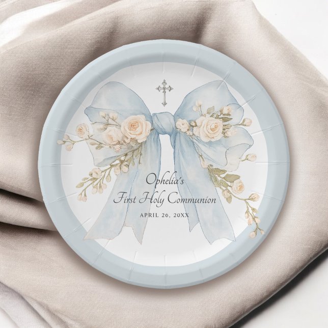 Girl's First Communion Dusty Blue Floral Bow Paper Plate (Creator Uploaded)