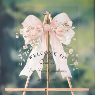 Girl's First Communion Floral Pink Bow Acrylic Sign