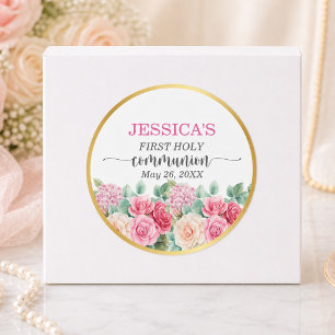 Girl's First Communion Gold Cross Roses Floral  Classic Round Sticker
