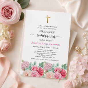 Girl's First Communion Gold Cross Roses Floral Invitation