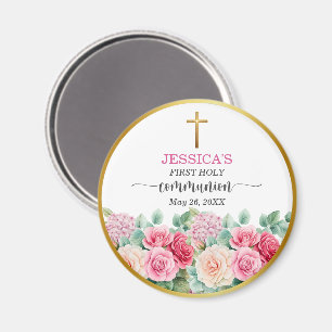 Girl's First Communion Gold Cross Roses Floral Magnet