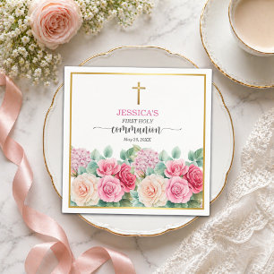 Girl's First Communion Gold Cross Roses Floral Napkin