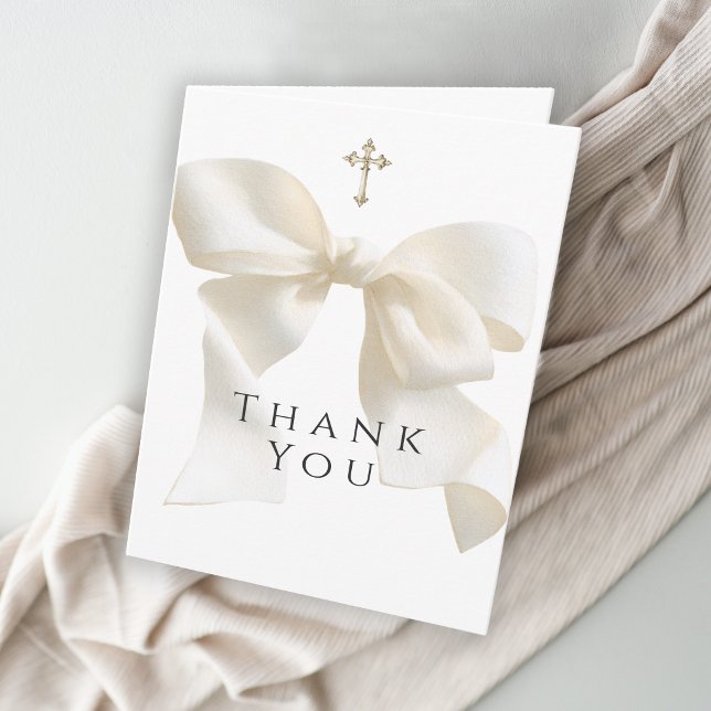 Girl's First Communion Neutral Ivory Bow Thank You Card (Creator Uploaded)