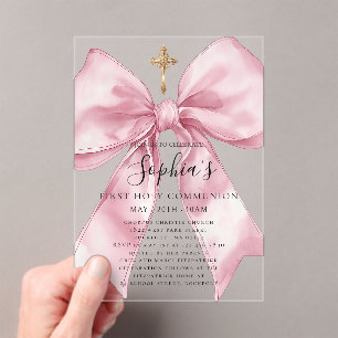 Girl's First Communion Pink Bow Acrylic Invitation