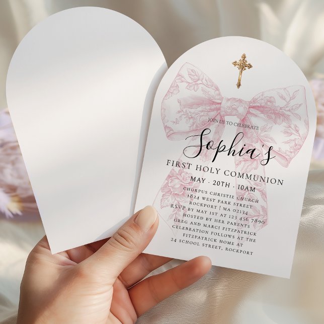 Girl's First Communion Pink Toile Bow Cross Arch Invitation (Creator Uploaded)