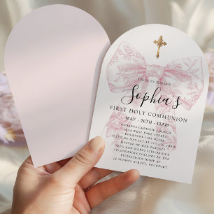 Girl's First Communion Pink Toile Bow Cross Arch Invitation