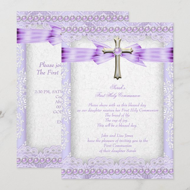 Girls First Holy Communion Cross Pretty Lavender 2 Invitation (Front/Back)