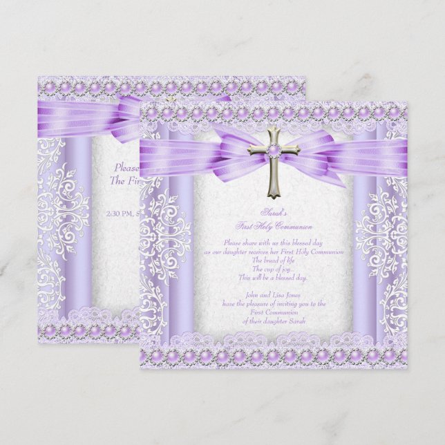 Girls First Holy Communion Cross Pretty Lavender 2 Invitation (Front/Back)