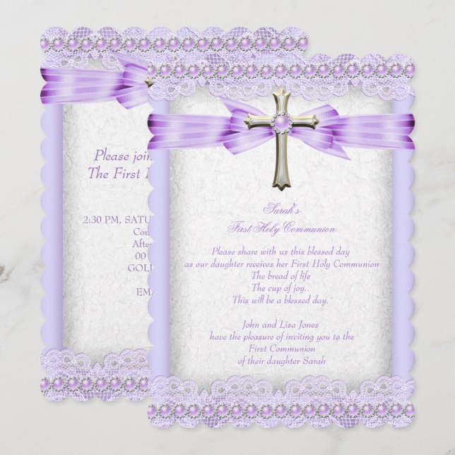 Girls First Holy Communion Cross Pretty Lavender Invitation (Front/Back)