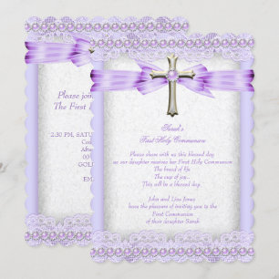Girls First Holy Communion Cross Pretty Lavender Invitation