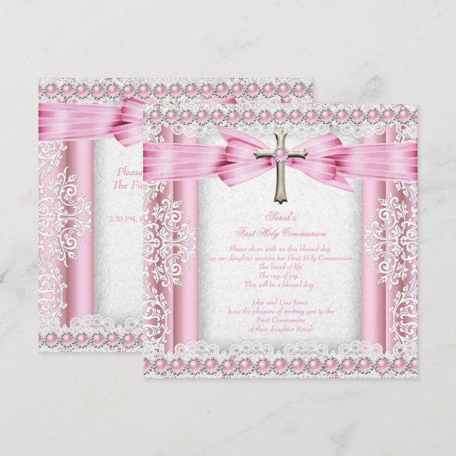 Girls First Holy Communion Cross Pretty Pink Invitation (Front/Back)