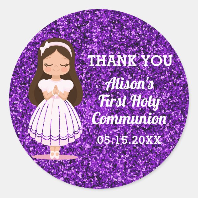 Girls First Holy Communion Cute Purple Classic Round Sticker (Front)