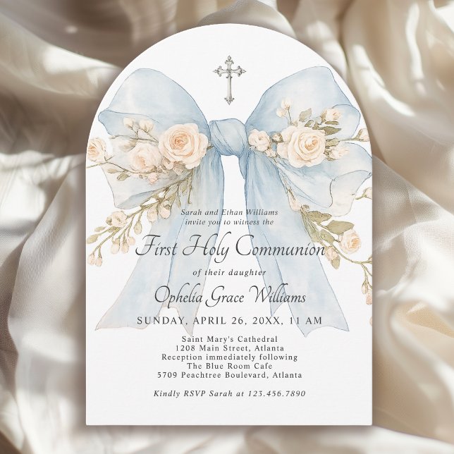 Girl's First Holy Communion Dusty Blue Floral Bow Invitation (Invitation may be ordered in both printed and instant download digital formats.)