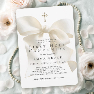 Girl's First Holy Communion Elegant Ivory Bow Invitation